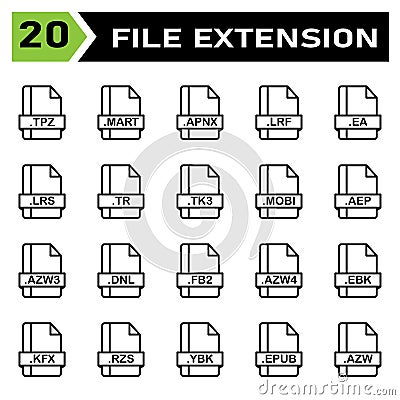 File extension icon set include tpz, mart, apnx, lrf, ea, lrs, tr, tk3, mobi, aep, azw3, dnl, fb2, azw4, ebk, kfx, rzs, ybk, epub Vector Illustration