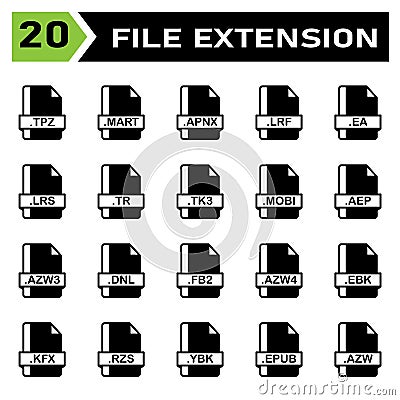 File extension icon set include tpz, mart, apnx, lrf, ea, lrs, tr, tk3, mobi, aep, azw3, dnl, fb2, azw4, ebk, kfx, rzs, ybk, epub Vector Illustration