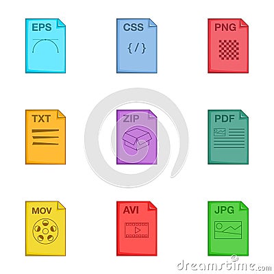 File extension icons set, cartoon style Vector Illustration