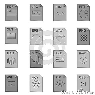 File extension icons set, monochrome style Vector Illustration