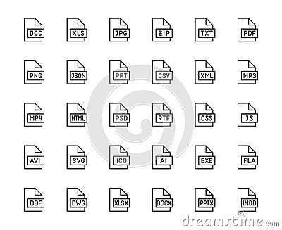 File format flat line icons set. Doc, xls, jpeg, zip, txt, pdf, xml, mp3 document vector illustrations. Outline signs Vector Illustration