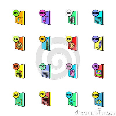 File format icons set cartoon Vector Illustration