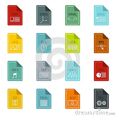 File format icons set, flat style Vector Illustration