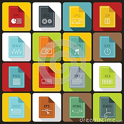 File format icons set in flat style Vector Illustration