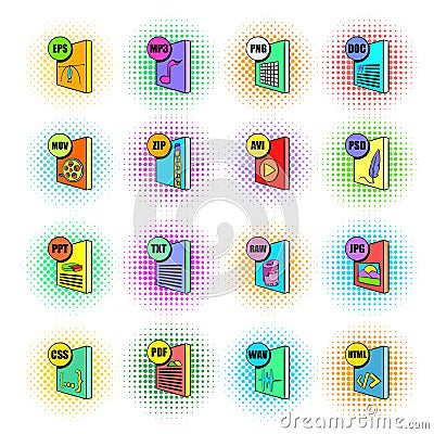 File format icons set, pop-art style Vector Illustration