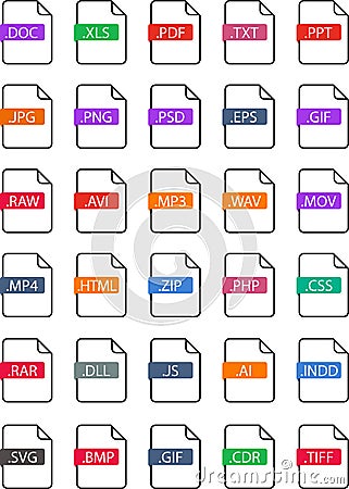 File format icons set. Format for texts, vector images, videos - pdf, doc, jpg, xls, zip. File download symbols. Document types Vector Illustration