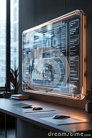 file integration, A transparent holographic screen designed for document collaboration, projecting interactive tools and shared Stock Photo