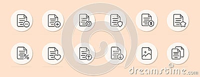 File line icon. Plus, minus, information, settings, data security, heart, favorites. Pastel color background. Vector line icon for Vector Illustration