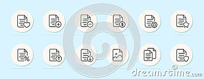 File line icon. Plus, minus, information, settings, data security, heart, favorites. Pastel color background. Vector line icon for Vector Illustration