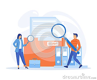 File manager, data storage and indexing, Workers searching file. employee uses magnifying glass Vector Illustration