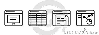 File office productivity tools text editor document spreadsheet presentation software symbol icon outline line set Vector Illustration
