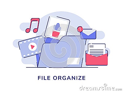 File organize concept video music picture email message in file folder white isolated background with flat outline style Vector Illustration