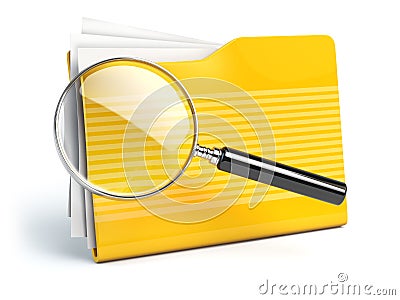 File search concep. Folders and loupe or magnifying glass. Cartoon Illustration