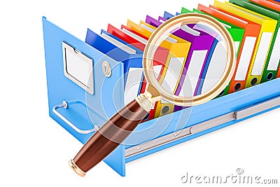 File search concept. Folders inside filing cabinet with magnifyi Stock Photo