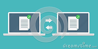 File sharing concept. Data transfer, ftp file receiver and backup on laptop screen. File transfer in notebooks Vector Illustration