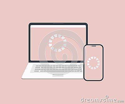 File sharing between devices logo design. Computers and phone syncing folder and files. Cross-device syncing, tracking. Vector Illustration