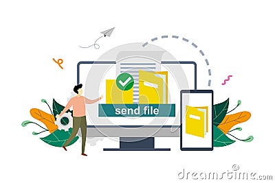 File transfer, documents transferred between computer and phone, copy files, backup, file sharing concept vector flat illustration Cartoon Illustration