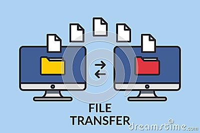 File transfer. Two computers with folders on the screen and documents sent. Copy files, exchange data, backup, transfer Vector Illustration