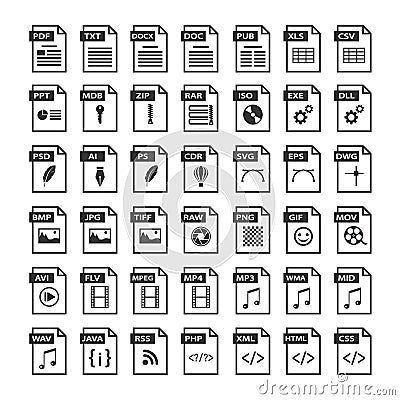 File type icons. Files format icon set in black and white Vector Illustration