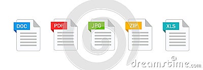 File type icons in flat style. Document in format doc, pdf, jpeg, zip, xls. vector illustration Vector Illustration