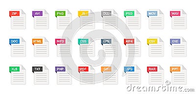 File type icons. Format and extension of documents. Set of pdf, doc, excel, png, jpg, psd, gif, csv, xls, ppt, html, txt and Vector Illustration