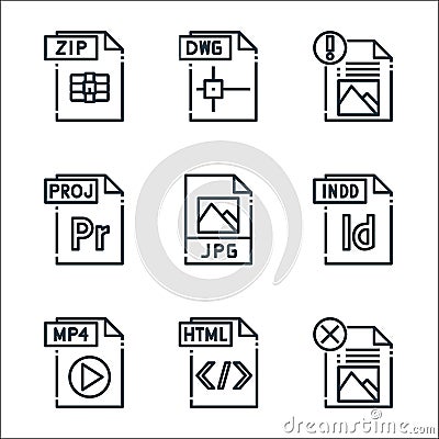 file type line icons. linear set. quality vector line set such as file, html file, mp indd jpg dwg Vector Illustration