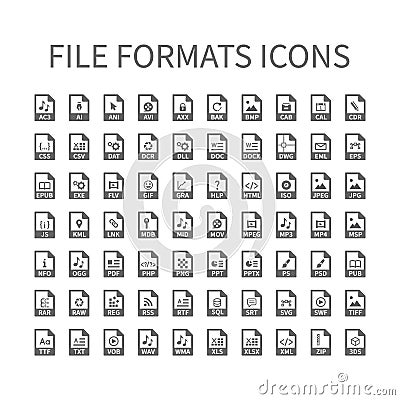 File type vector icons. File format icon set, files buttons. Vector Illustration