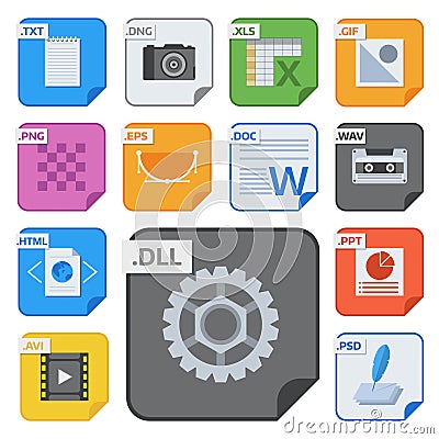 File types vector icons and formats labels file system icons presentation document symbol application software folder Vector Illustration