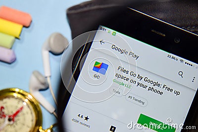 Files Go by Google: Free up Space on your phone dev app with magnifying on Smartphone screen. Editorial Stock Photo