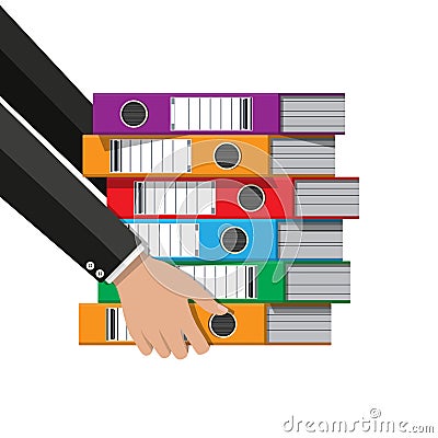 Files in hand, ring binders, office folders. Vector Illustration