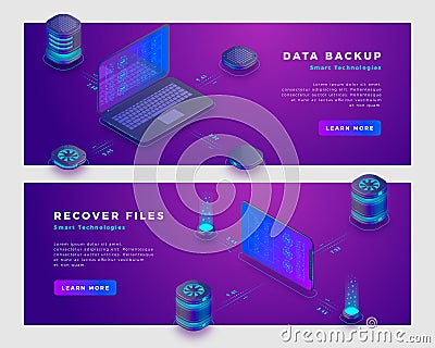 Files recover and data backup concept banner template Vector Illustration