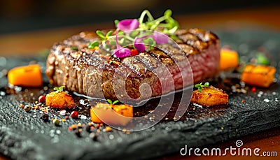 Filet Mignon with Pepper and Edible Flowers on plate Stock Photo