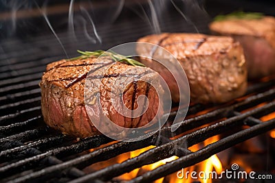 filet mignon seared on hot iron cast grill Stock Photo