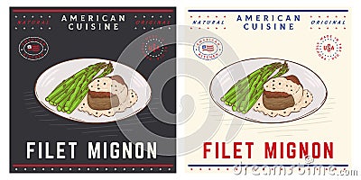 Filet Mignon, tenderloin steak with asparagus Vector Illustration