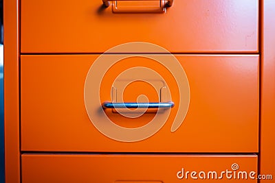 Filing cabinet with closed drawer, Orange metal colour, Administration and storage concept, closeup & Macro shot Stock Photo