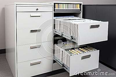 a filing cabinet, neatly organized with labeled folders and file dividers Stock Photo