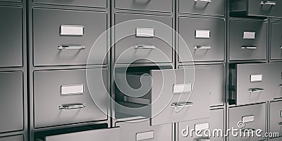 Filing cabinets and open drawers. 3d illustration Cartoon Illustration