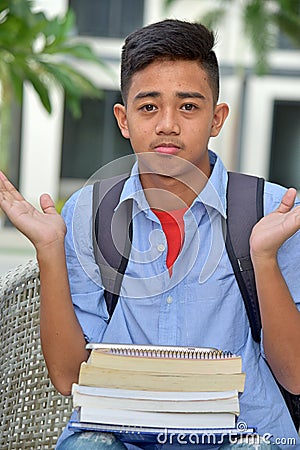 Filipino Boy Student And Indecisiveness With Notebooks Stock Photo