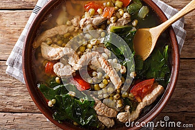 Filipino Mungo Guisado Mung Bean Soup close-up in a bowl. hori Stock Photo