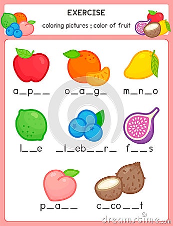 Fill alphabet in the blanks about fruits in science subject exercises sheet kawaii doodle vector Vector Illustration