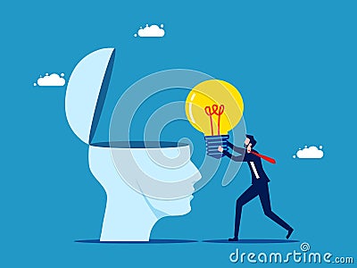 Fill brain with knowledge. Businessman giving a light bulb to the brain Vector Illustration