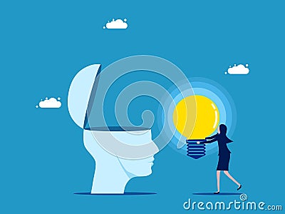 Fill brain with knowledge. Businesswoman giving a light bulb to the brain Vector Illustration