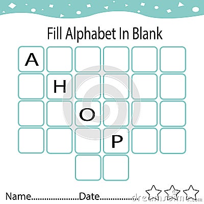 Fill missing alphabet worksheet page for children, online education, kids activity Stock Photo