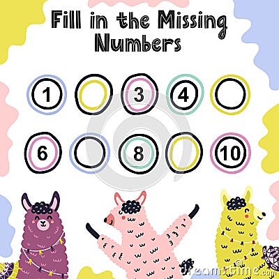 Fill in the missing numbers activity game for kids Vector Illustration