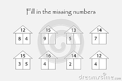 Fill in the missing numbers, mathematics game for children, find a solution, education game for kids, school worksheet Vector Illustration