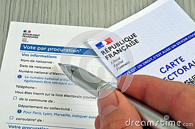 Fill out a French document for a proxy vote Editorial Stock Photo