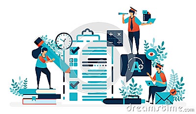 Fill in test sheet with a check and cross. Get an A+ on exam or class promotion test. Verify exam results. Flat vector Vector Illustration