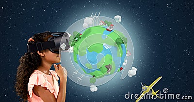Fille à l'aide du casque de réalité virtuelle avec les icônes digitalement produites 4k de voyage banque de vidéos Fille à l'aide du casque de réalité virtuelle avec les icônes digitalement produites 4k de voyage banque de vidéos