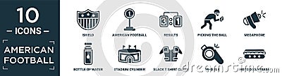 filled american football icon set. contain flat shield, american football mark, results, picking the ball, megaphone, bottle of Vector Illustration