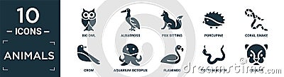 filled animals icon set. contain flat big owl, albatross, fox sitting, porcupine, coral snake, crow, aquarium octopus, flamingo, Vector Illustration